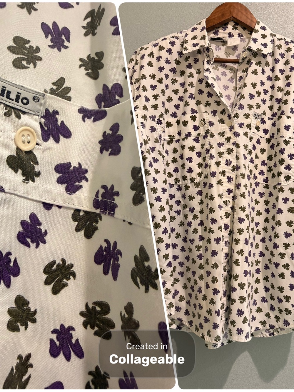 Vintage iLiO Button-Down Shirt Purple Olive Fleur-De-Lis New Orleans Should Pad